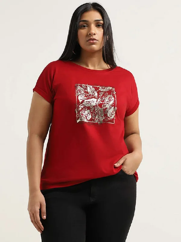 Gia Red Printed T-Shirt Lace Blend Ribbed Blend Corduroy Blend