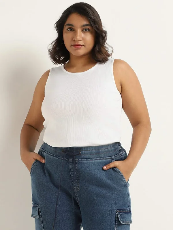 Gia White Cotton Blend Ribbed T-Shirt Fitted T-Shirt Seamless Stretchy