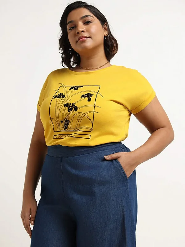Gia Yellow Printed Cotton T-Shirt Oversized T-Shirt Spandex breathable