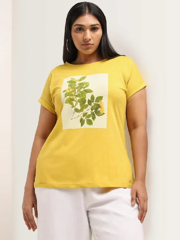 Gia Yellow Printed Cotton T-Shirt Sequined Glittery Shiny