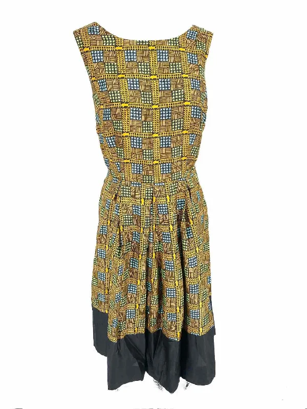 Girls From Savoy Women's Mustard/Blue Empire Silk Print Size 6 Dress