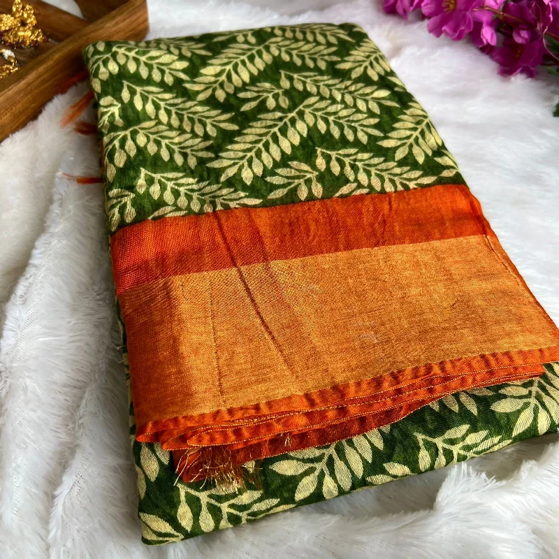Green & orange silk cotton saree with blouse Elegant Embroidery Blouse