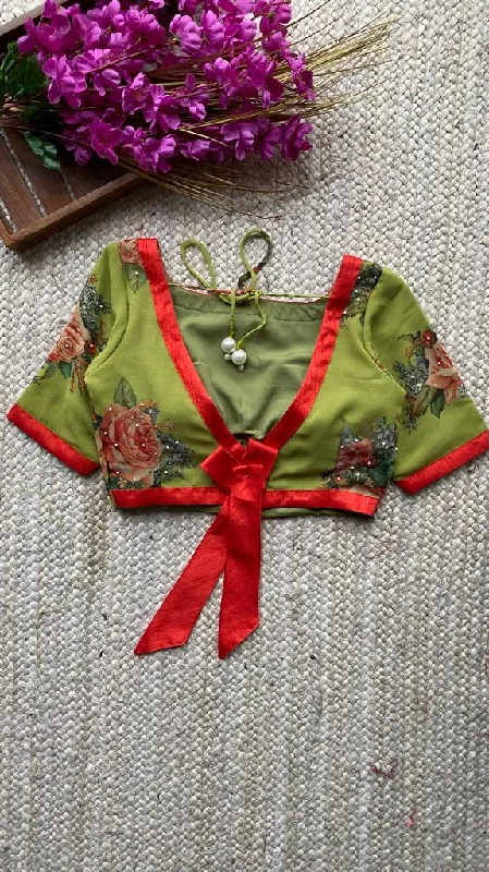 Green soft georgette hand embroidered blouse Loose Fit Blouse