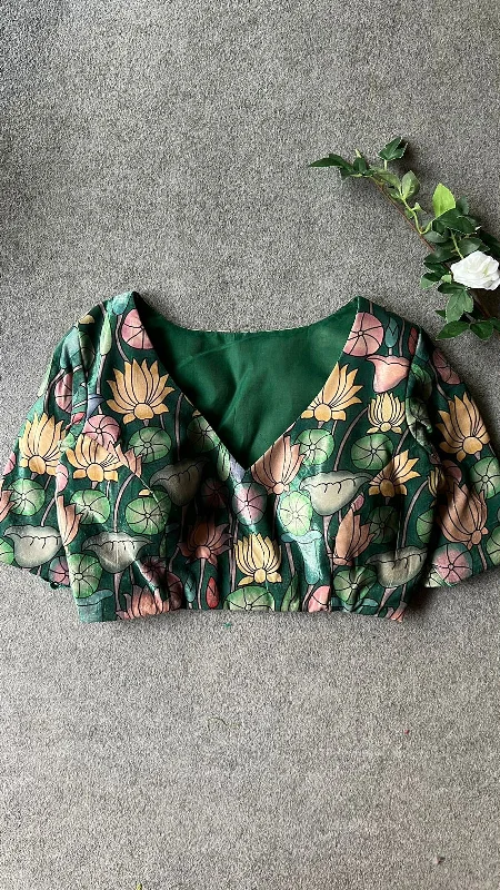 Green velvet printed blouse Gathered Detail Blouse
