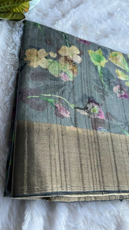 Grey floral silk saree with blouse Backless Summer Blouse
