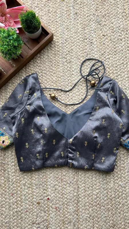 Grey silk embroidered blouse Casual Relaxed Fit Blouse