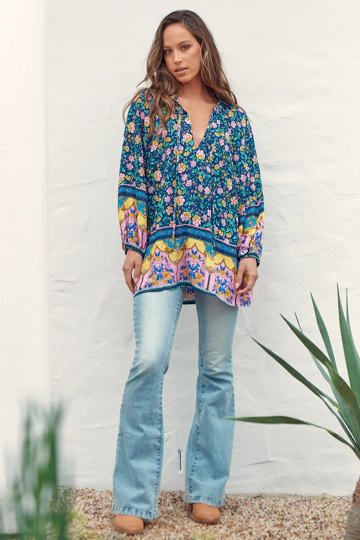 JAASE Womens Posy Print Kellie Long Sleeve Blouse - Blue Feminine Satin Blouse