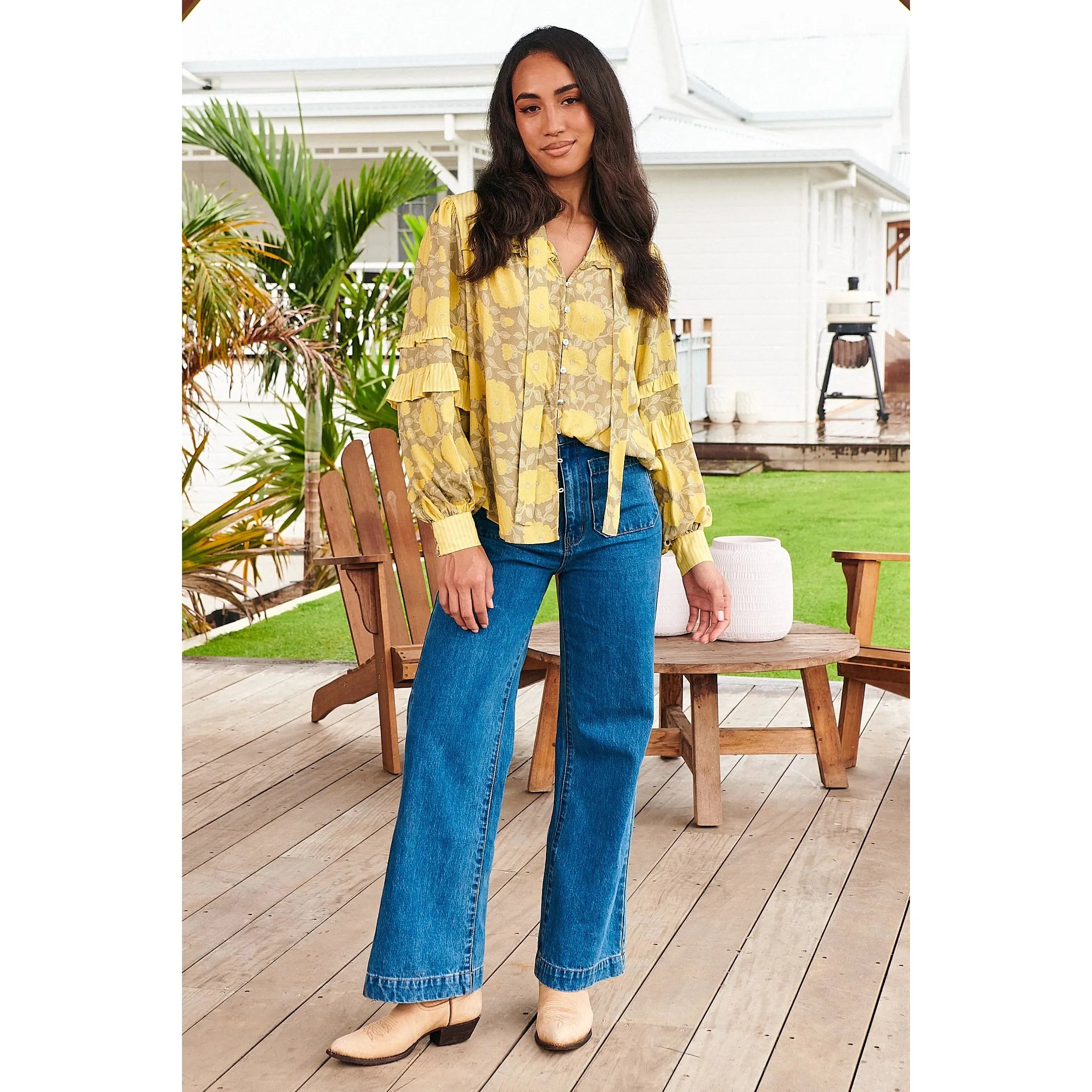 JAASE Womens Brighton Print Oliver Long Sleeve Blouse - Yellow Sleeveless Chiffon Blouse