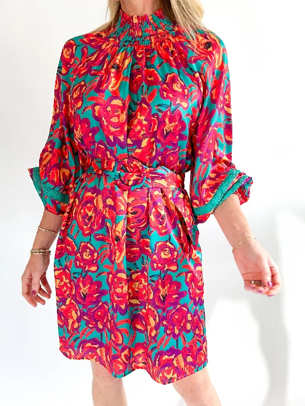 Fire Blossoms Lace Trim Dress