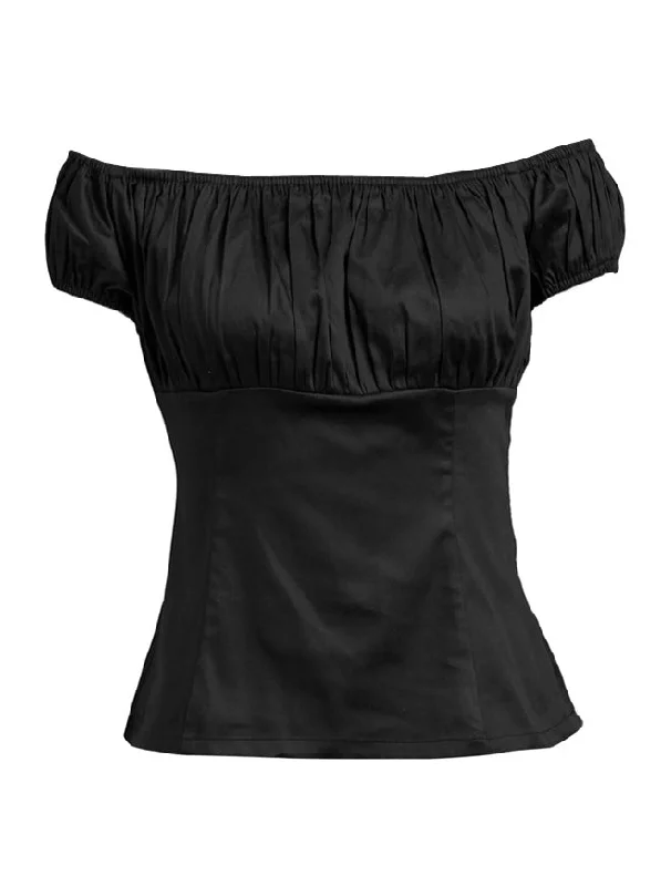 Women's Short Sleeve Ruffle Off Shoulder T-shirt Peasant Top/Black Nylon Fabric Polyester Fabric Spandex Fabric