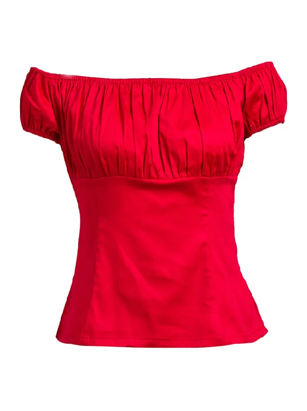 Women's Short Sleeve Ruffle Off Shoulder T-shirt Peasant Top/Red Satin Fabric Silk Fabric Chiffon Fabric