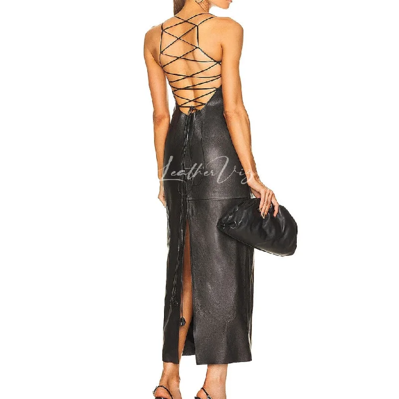 Lace Up Back Women Leather Gown