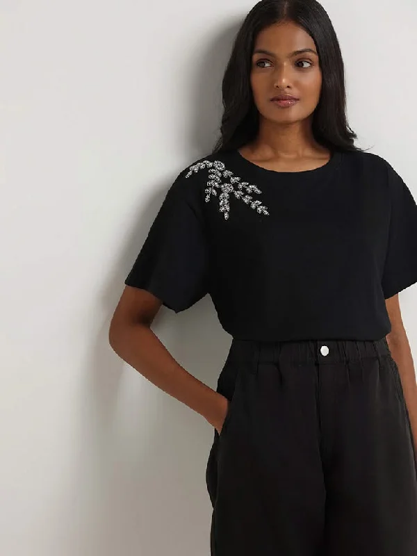 LOV Black Beaded Detailed Cotton T-Shirt Solid Color Striped Floral