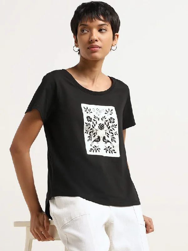 LOV Black Patch Printed Cotton T-Shirt Wool Fabric Cashmere Fabric Tweed Fabric