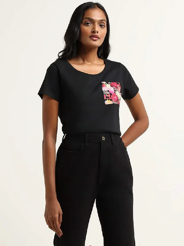 LOV Black Printed Cotton T-Shirt Embroidered Appliqued Beaded
