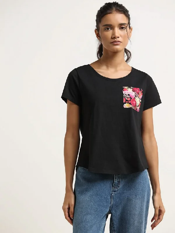 LOV Black Printed Cotton T-Shirt Welt Pockets Slit Pockets Flap Pockets