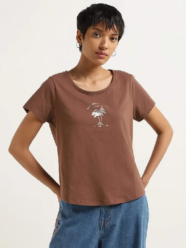 LOV Brown Printed Cotton T-Shirt Front Pockets Side Pockets Patch Pockets