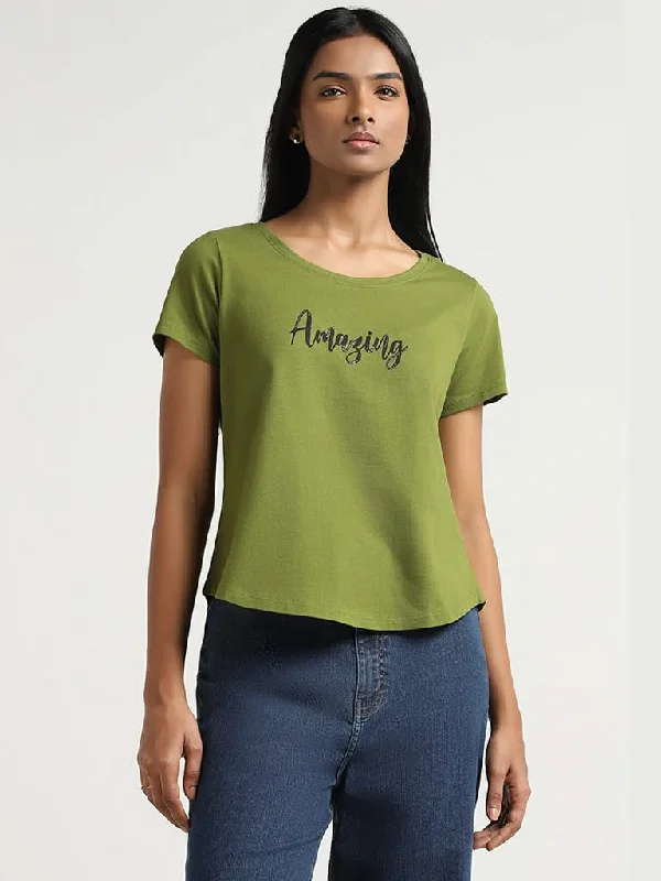 LOV Green Contrast Printed Cotton T-Shirt Thin T-Shirt Open Front Quick Dry