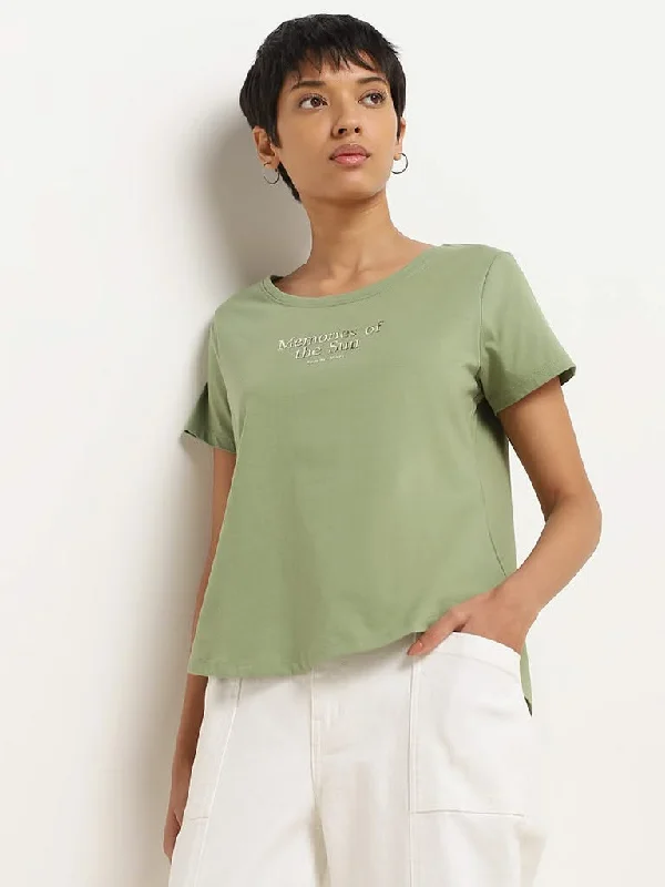 LOV Green Typography Printed Cotton T-Shirt Satin Fabric Silk Fabric Chiffon Fabric