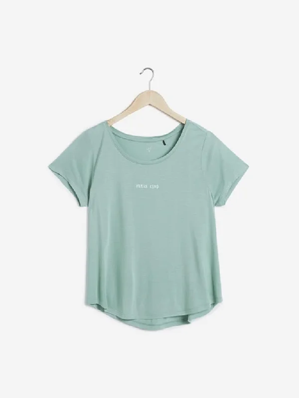 LOV Mint Text Design Sherry T-Shirt Basic T-Shirt Crew Neck Short Sleeve