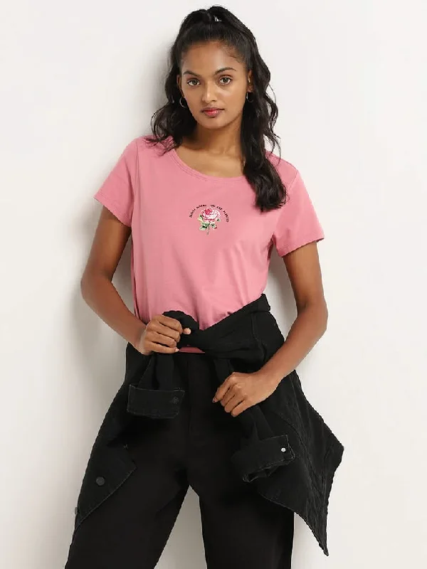 LOV Pink Printed Cotton T-Shirt Embroidered Appliqued Beaded