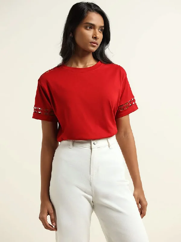 LOV Red Cotton Cut-Out T-Shirt Knit Fabric Woven Fabric Fleece Fabric