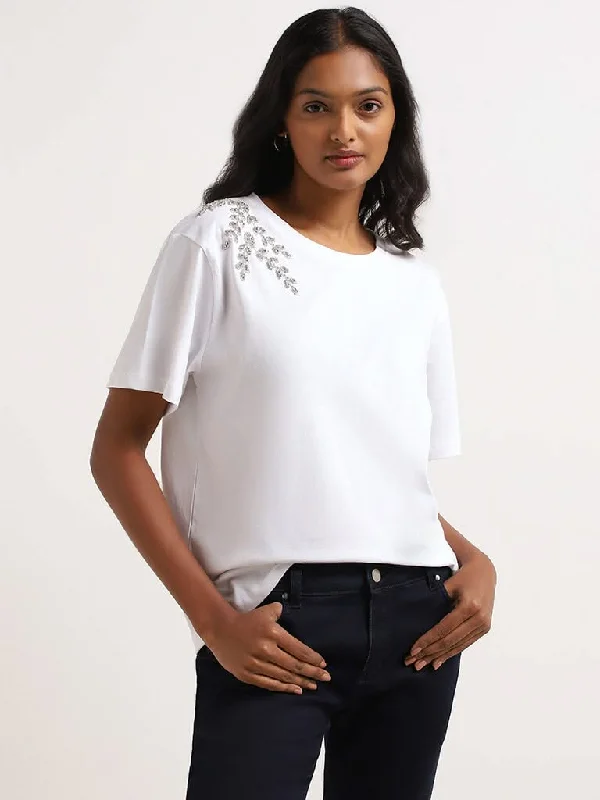 LOV White Embellished Cotton T-Shirt Satin Blend Silk Blend Wool Blend
