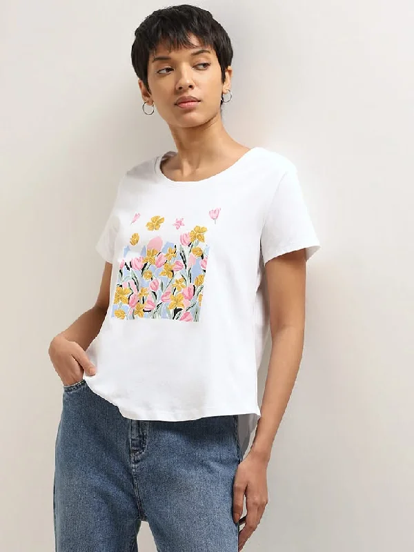 LOV White Floral Printed Cotton T-Shirt Nylon Fabric Polyester Fabric Spandex Fabric