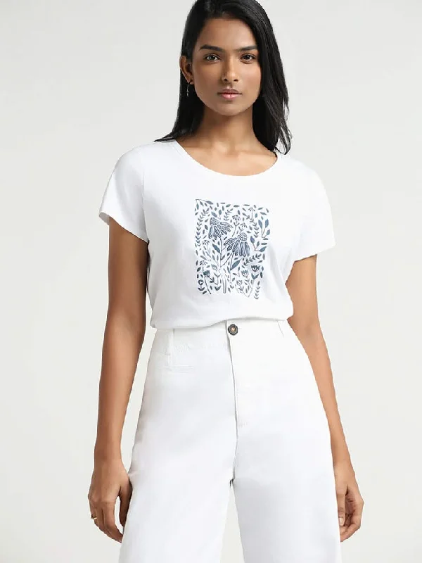LOV White Printed Cotton T-Shirt Satin Blend Silk Blend Wool Blend