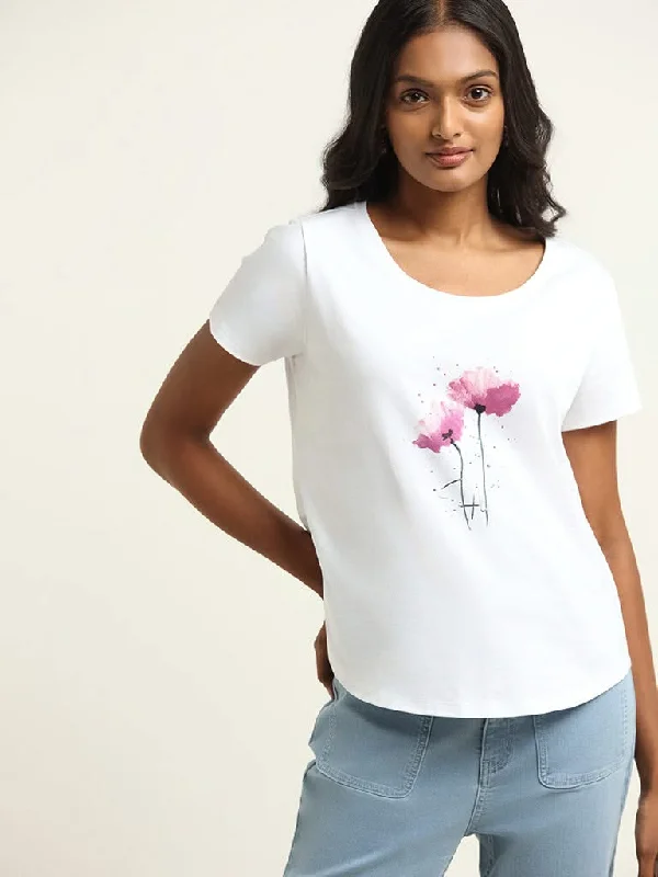 LOV White Printed Cotton T-Shirt Anti-Pilling Machine Wash Handmade