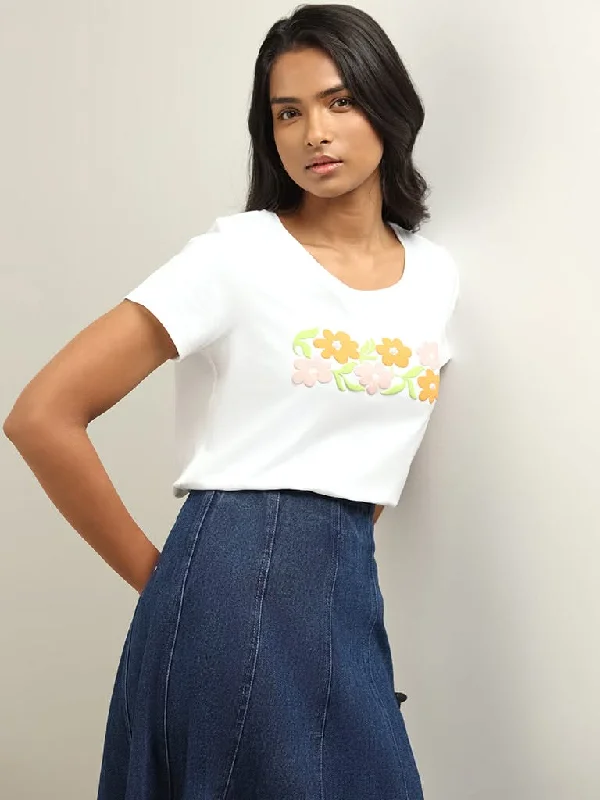 LOV White Printed T-Shirt Mesh Fabric Canvas Fabric Denim Fabric