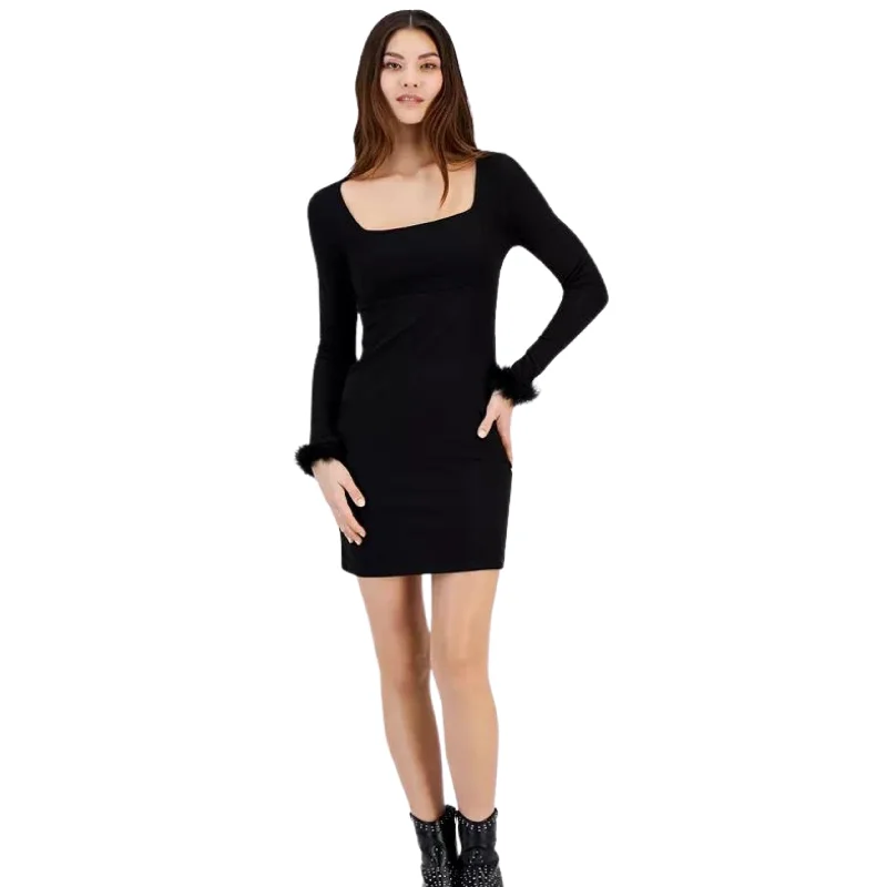 LOVE FIRE  -  Faux-Feather-Cuff Ribbed Dress