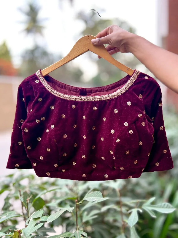 Maroon velvet embroidery blouse Puff Sleeve Blouse