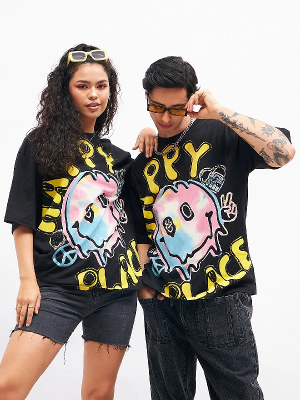 Unisex Black HAPPY PLACE Oversized T-Shirt Fashionable Trendy Casual