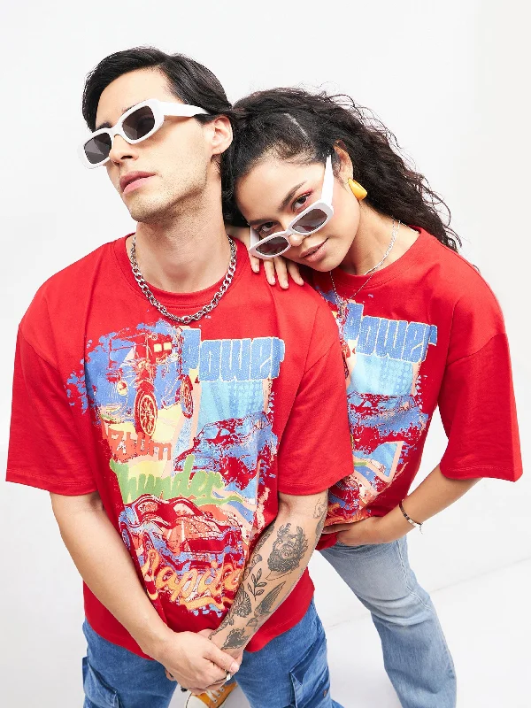 Unisex Red Car Print Oversized T-Shirt Modern Contemporary Chic