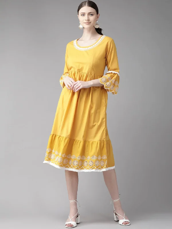 Women'S Mustard Yellow Solid A-Line Dress