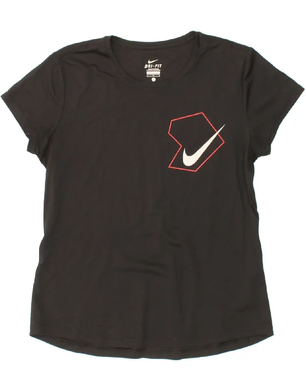 NIKE Womens Dri Fit Graphic T-Shirt Top UK 14 Large Black Polyester Welt Pockets Slit Pockets