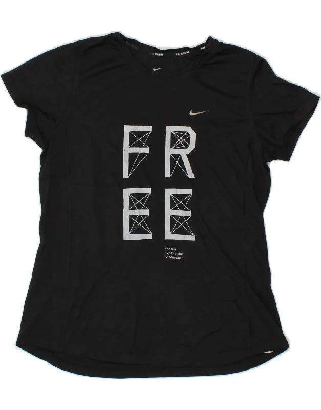 NIKE Womens Dri Fit Running Graphic T-Shirt Top UK 16 Large Black Spandex Blend Rayon Blend Denim Blend