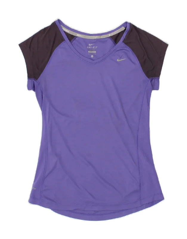 NIKE Womens Dri Fit T-Shirt Top UK 10 Small Purple Colourblock Polyester Satin Blend Silk Blend Wool Blend