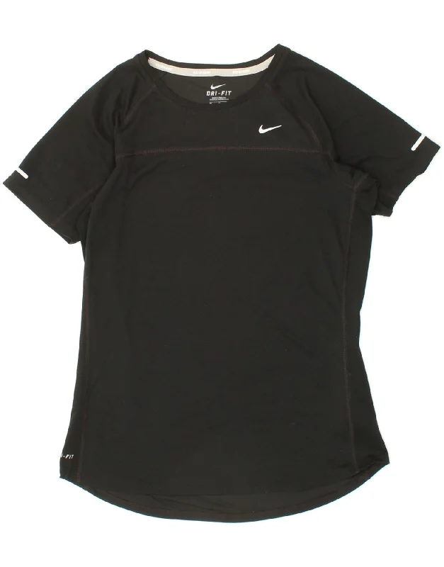 NIKE Womens Dri Fit T-Shirt Top UK 14 Medium Black Cotton Striped Floral Plaid