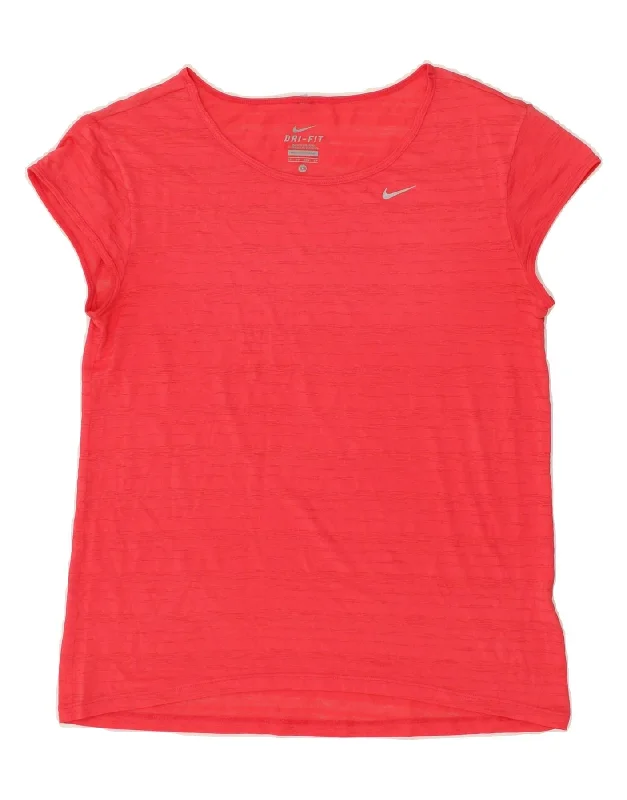 NIKE Womens Dri Fit T-Shirt Top UK 6 XS Pink Striped Iron Safe Non-Iron Wrinkle Free