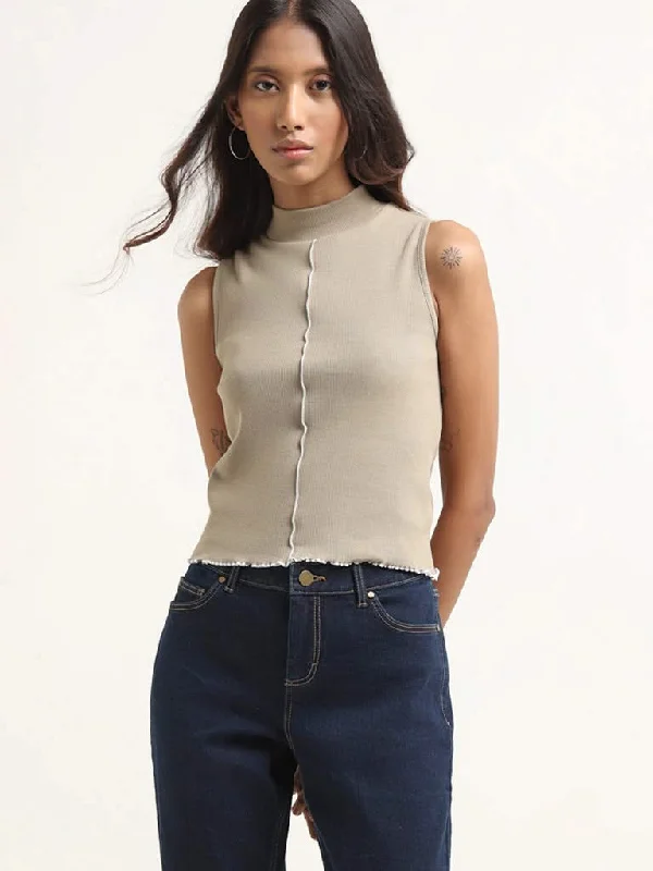Nuon Beige High Neck Cotton Blend T-Shirt Welt Pockets Slit Pockets Flap Pockets