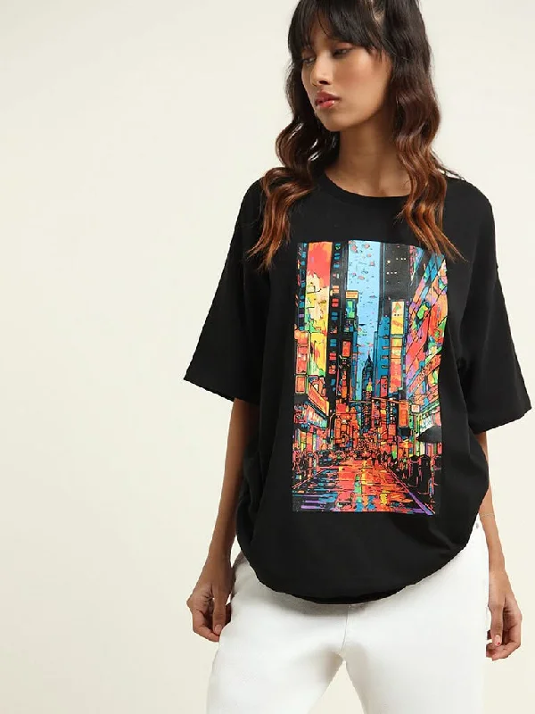 Nuon Black Printed Cotton T-Shirt Modern Contemporary Chic