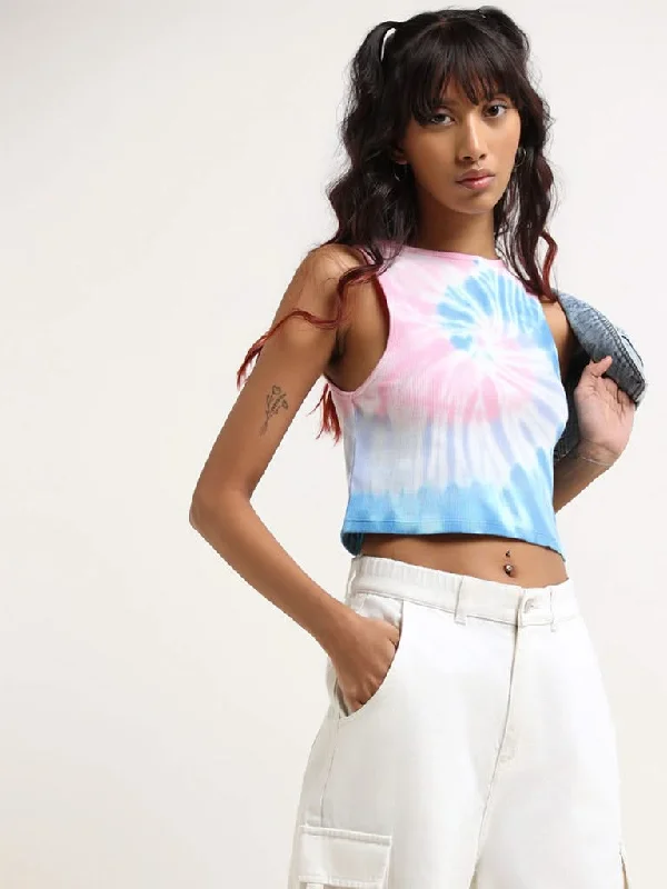Nuon Blue Tie-Dye Cotton Blend T-Shirt Spandex Blend Rayon Blend Denim Blend