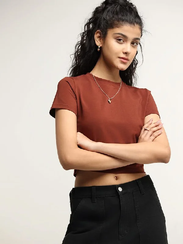 Nuon Brown Solid Cotton Blend Crop T-Shirt Beaded Sequined Faux Fur