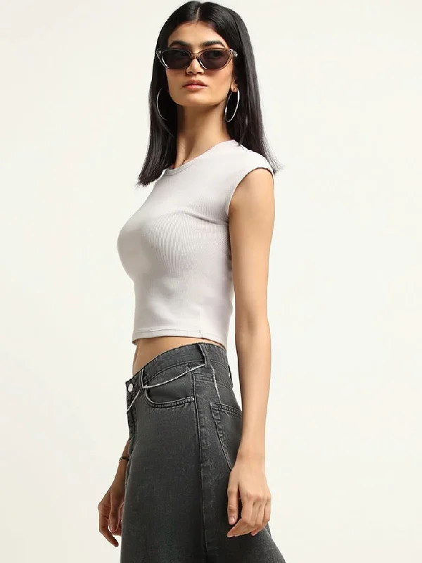Nuon Light Beige Cotton Crop T-Shirt Handmade Hand-knitted Hand-woven