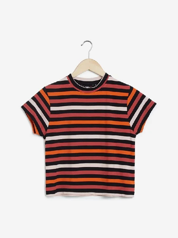 Nuon Multicolour Striped Adora Crop T-Shirt Hooded Caped Shawl Collar