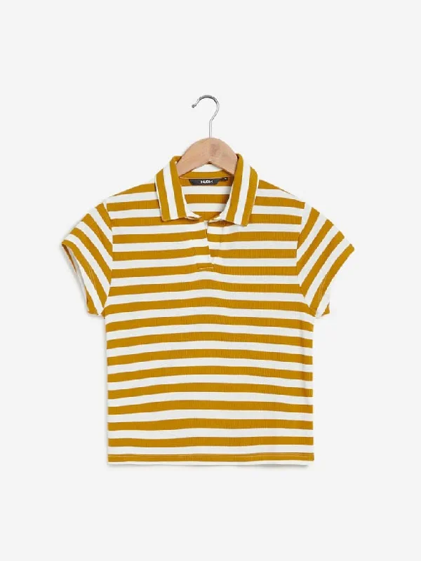 Nuon Mustard Striped Crop Polo T-Shirt Wool Fabric Cashmere Fabric Tweed Fabric