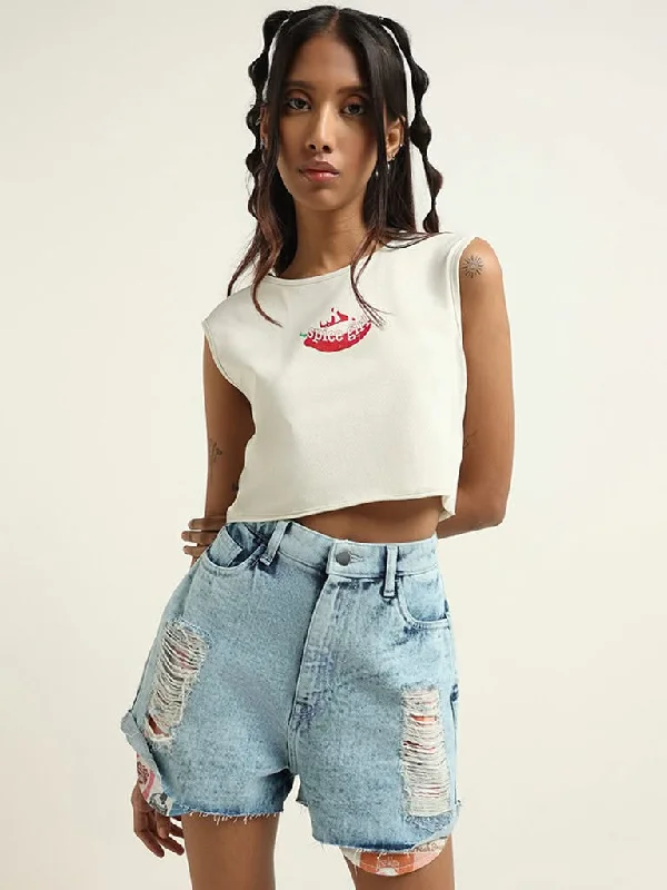 Nuon Off White Contrast Cotton Blend Crop T-Shirt Silk Blend Satin Velvet