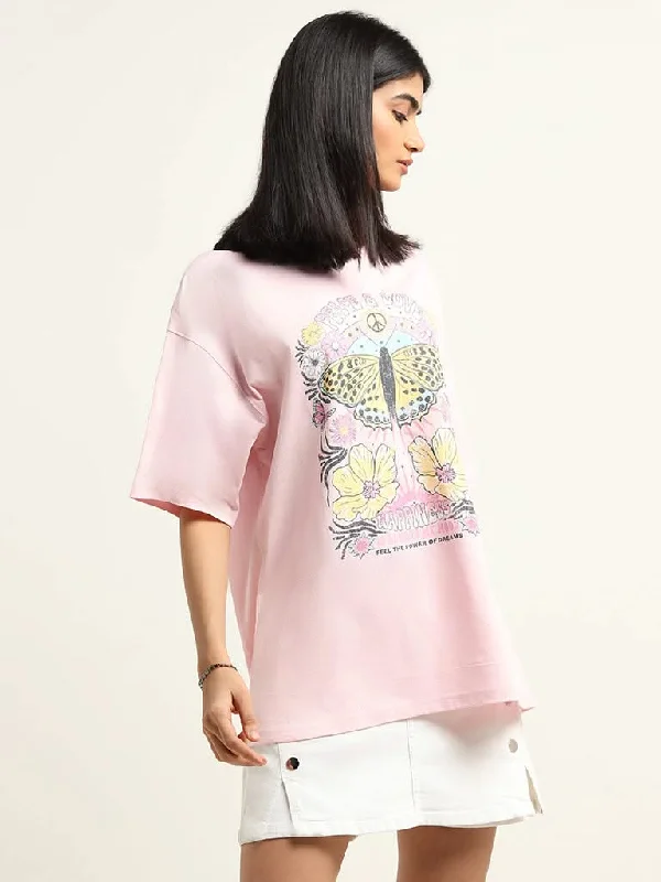 Nuon Pink Cotton Oversized T-Shirt Zippered Buttoned Snapped